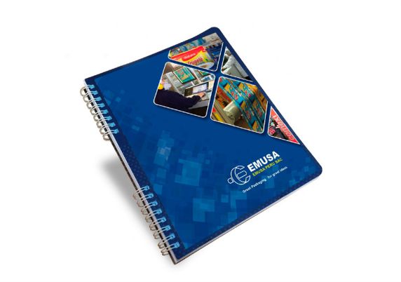 Tapa:
Couche de 300Gr. a full color por tira/retira y plastificado mate, calibre 10.

Hojas interiores 100 hojas de 01 color, bordes boleados.

Lomo:
Anillado doble ring a partir de 100 unidades.